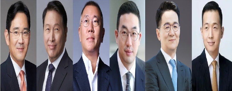 사진 왼쪽부터 이재용 삼성전자 회장, 최태원 SK그룹 회장, 정의선 현대자동차그룹 회장, 구광모 LG그룹 회장, 조원태 한진그룹 회장, 김동관 한화그룹 부회장.