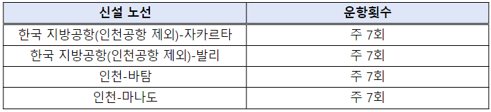 양국간 신설된 국제선 직항 노선 세부내용. (사진=국토교통부)